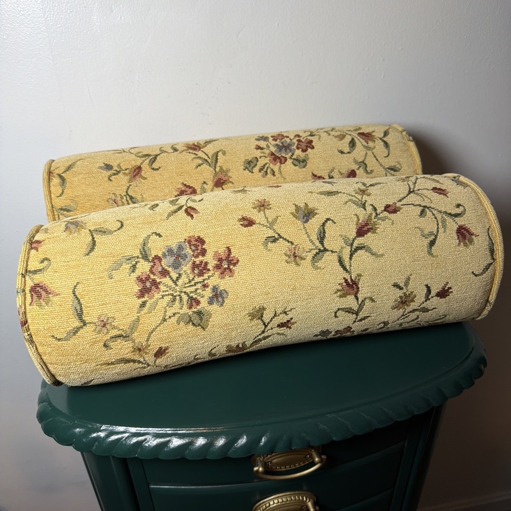 Pair Handmade Tapestry Floral Bolster Pillows Vintage